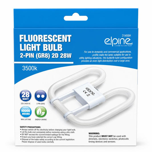 Back packaging of Elpine Fluorescent Light Bulb 2-Pin GR8 28W showing specifications