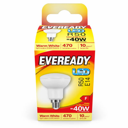 Front view of Eveready LED R50 bulb packaging