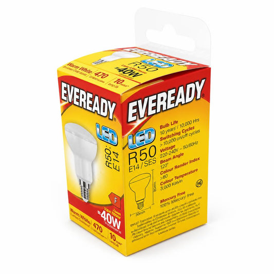Back view of Eveready LED R50 bulb packaging
