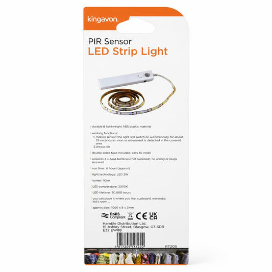 Back view of Kingavon PIR Sensor LED Strip Light packaging