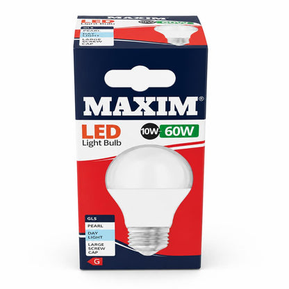 Front view of Maxim LED light bulb packaging showing brand and specifications
