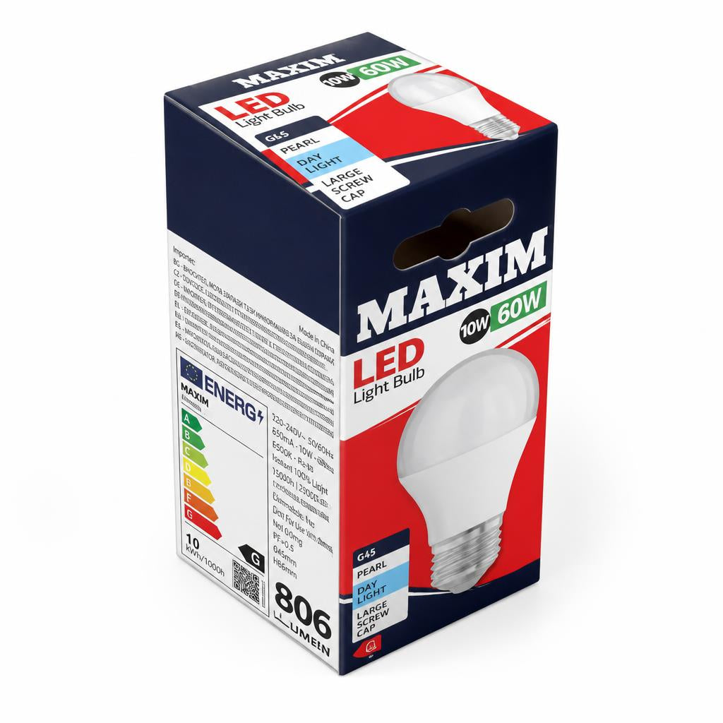 Back view of Maxim LED light bulb packaging displaying energy rating and barcode