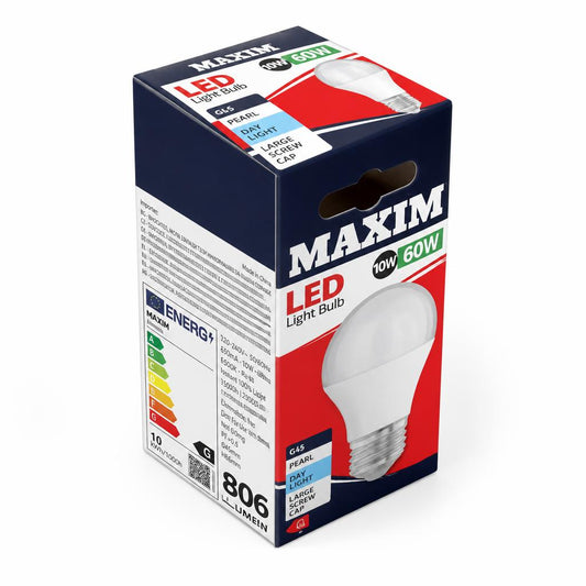 Back view of Maxim LED light bulb packaging displaying energy rating and barcode