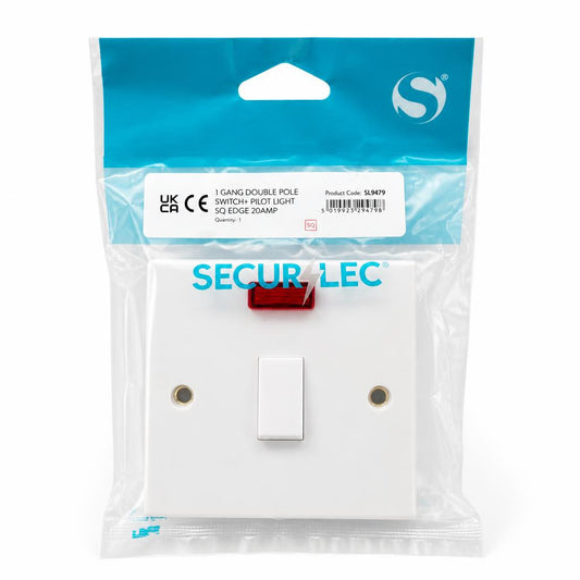 Front view of Securit 1 Gang Double Pole Switch packaging