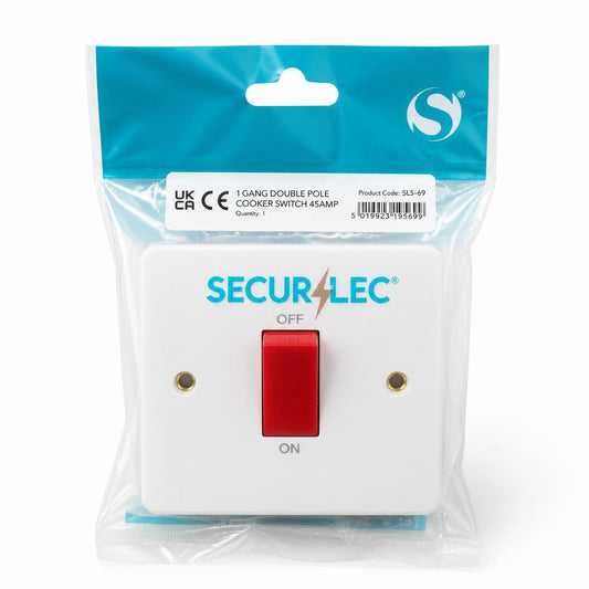 SECURLEC 1 Gang Double Pole Cooker Switch packaging front view
