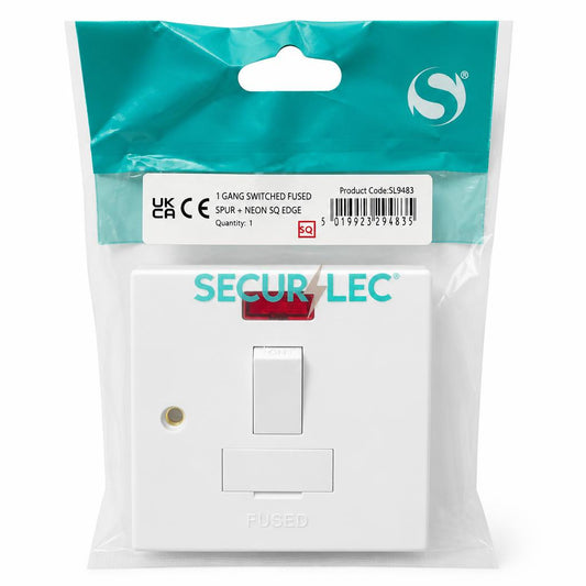 Front view of Securlec 1 Gang Switched Fused Spur packaging