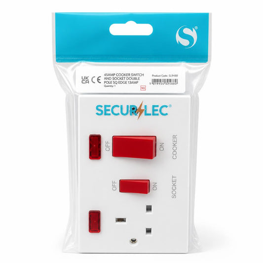 Front packaging of Securlec 45A Double Pole Cooker Switch and Socket