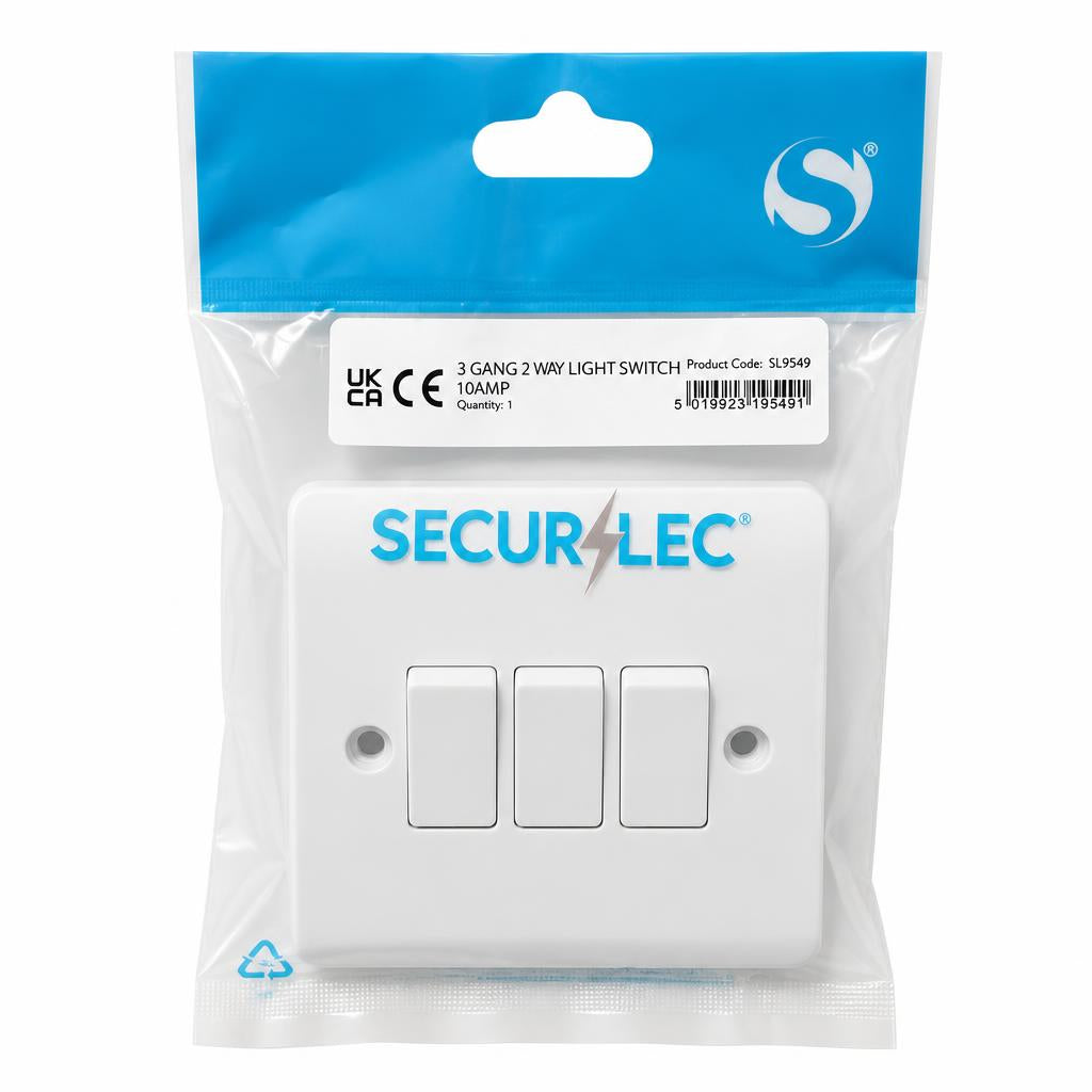 Front view of Securelec 3 Gang 2 Way Light Switch packaging