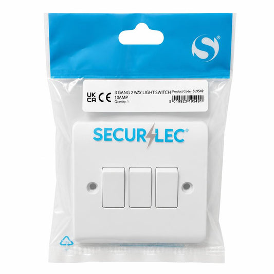 Front view of Securelec 3 Gang 2 Way Light Switch packaging