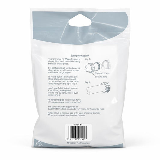 Back packaging of Oracstar Waste Pipe Hole Cover 40mm PPS441 with fitting instructions
