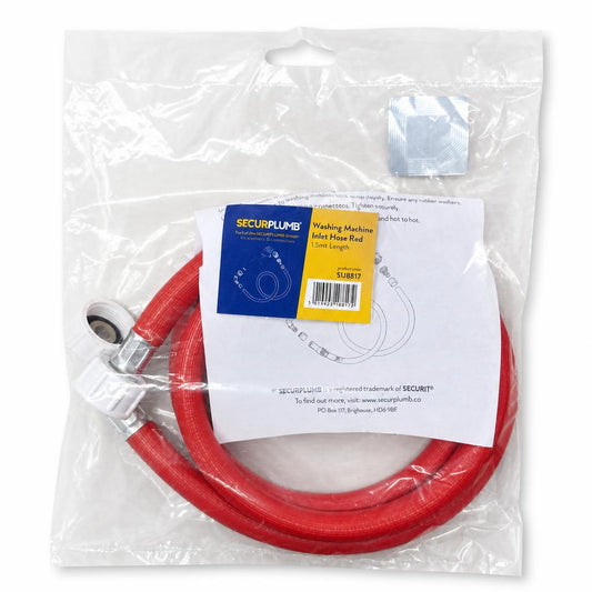 Red SecuriPlumb washing machine inlet hose in transparent packaging