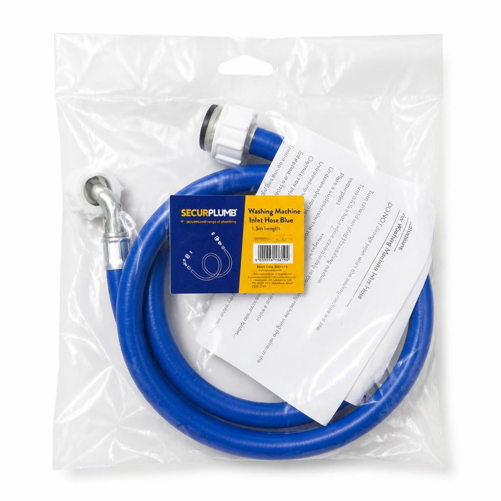 SecuPlumb blue washing machine inlet hose in packaging