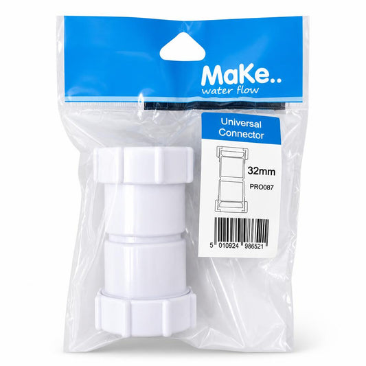 Front view of Make Water Flow Universal Connector 32mm packaging