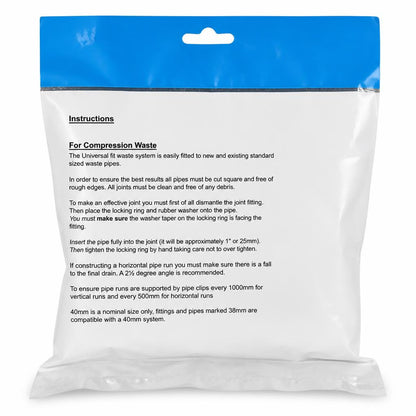 Back view of Make Flow Universal Shallow P Bath Trap packaging with installation instructions