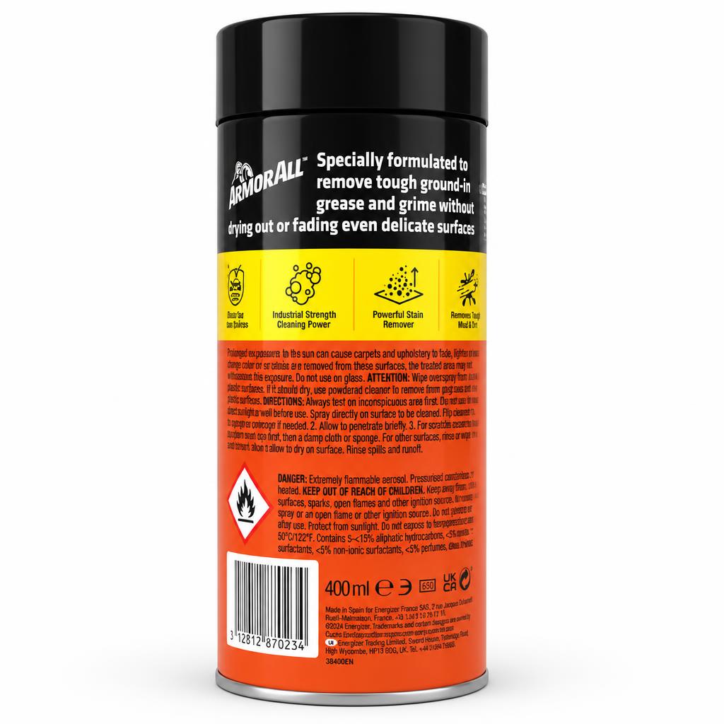 Back of Armor All Stain Remover Foam Cleaner showing usage instructions and safety warnings