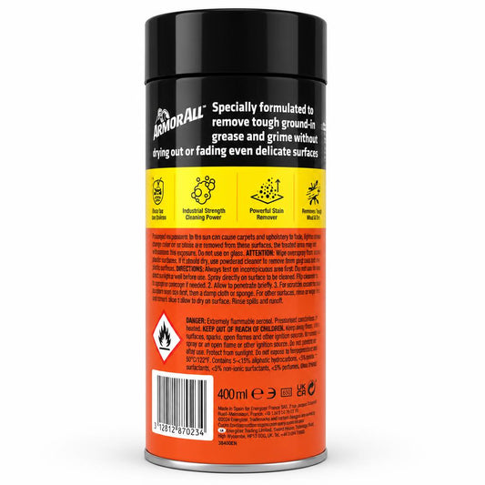 Back of Armor All Stain Remover Foam Cleaner showing usage instructions and safety warnings