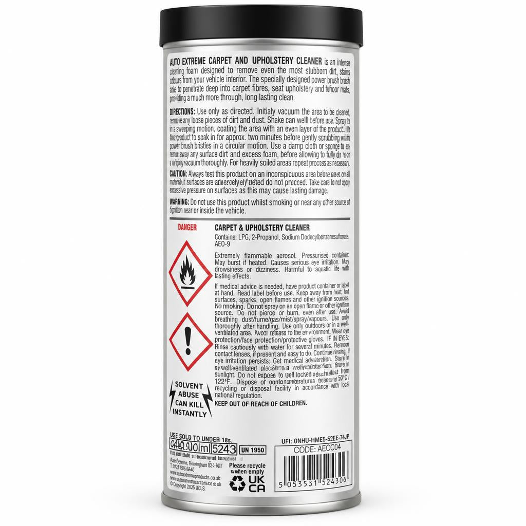 Auto Extreme Carpet & Upholstery Cleaner back packaging with instructions
