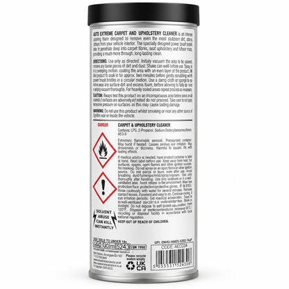 Auto Extreme Carpet & Upholstery Cleaner back packaging with instructions