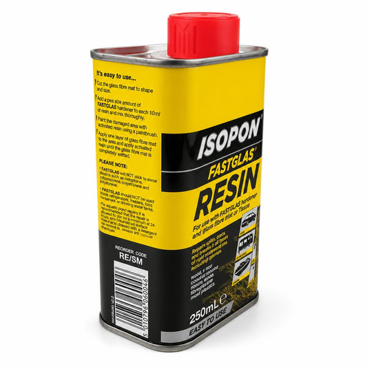 Side view of Isopon Fastglas Resin instructions and safety notes