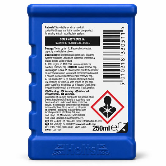 Back view of Holts Radweld Cooling System Leak Repair bottle with instructions