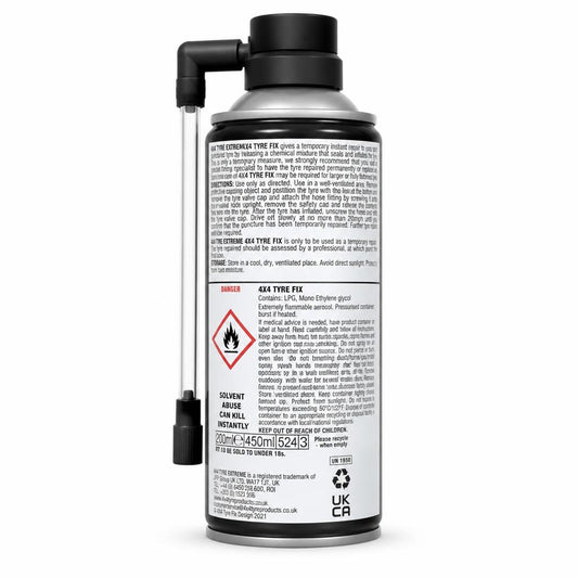 Back view of Auto Extreme 4x4 Tyre Fix can showing instructions