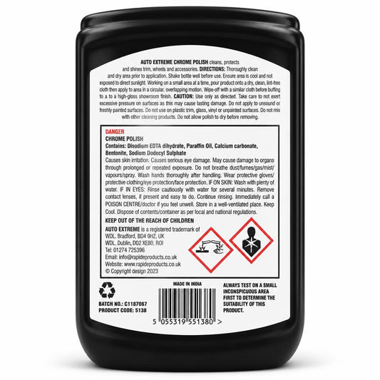 Auto Extreme Chrome Polish back packaging with safety information