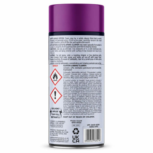 Back of Auto Extreme Clutch & Brake Cleaner with safety warnings