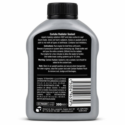 Back view of Carlube Rad-Sealer with instructions and safety information