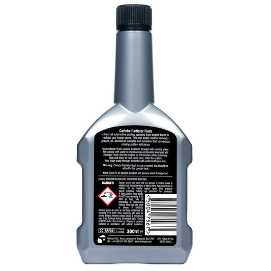 Back view of Carlube Radiator Flush bottle with instructions