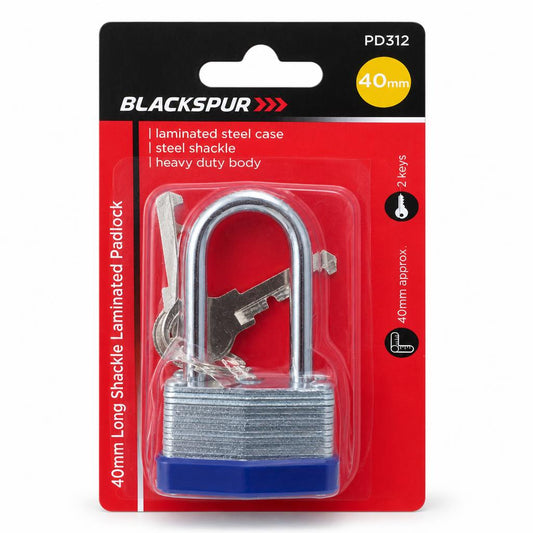 Front view of Blackspur 40mm long shackle laminated padlock packaging