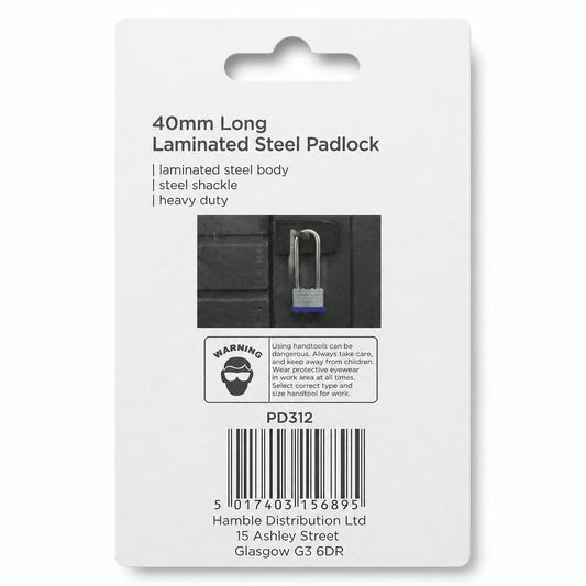 Back view of Blackspur 40mm long shackle laminated padlock packaging
