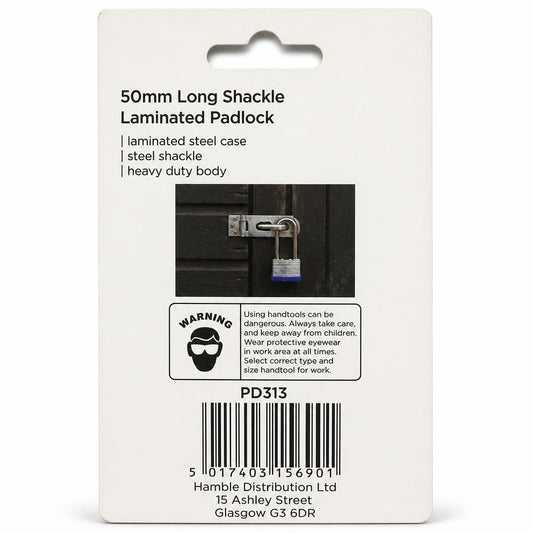 Back of Blackspur 50mm Long Shackle Padlock packaging