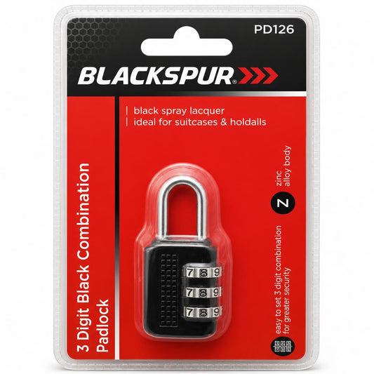 Blackspur 3 Digit Black Combination Padlock packaging front