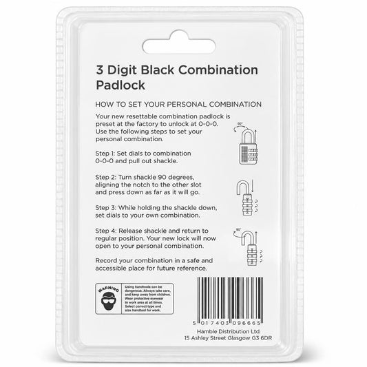 Blackspur 3 Digit Black Combination Padlock packaging back