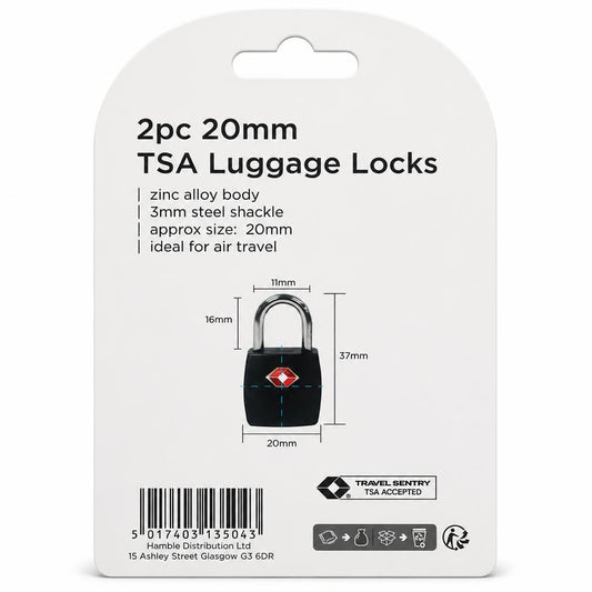 Back of packaging for Blackspur TSA luggage locks showing dimensions and features