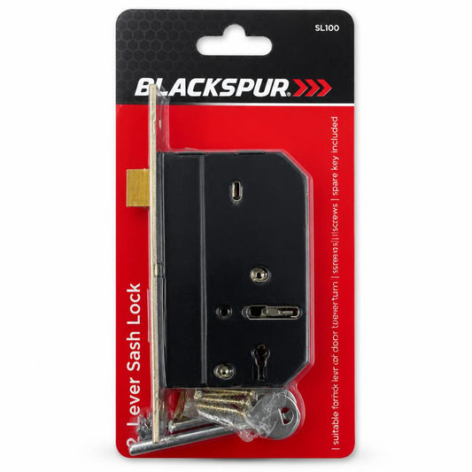 Front view of Blackspur 2 Lever Sash Lock SL100 packaging