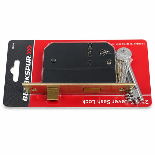 Angled view of Blackspur 2 Lever Sash Lock SL100 on packaging