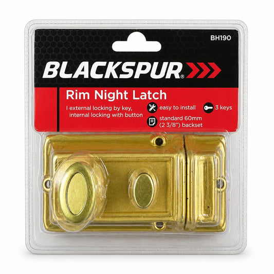 Front packaging of Blackspur Rim Night Latch BH190 showing latch in gold