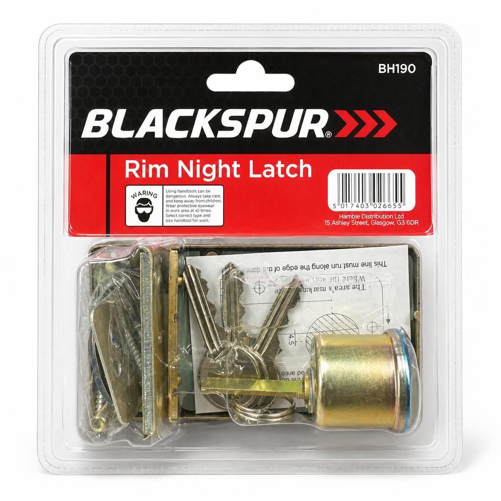 Back packaging of Blackspur Rim Night Latch BH190 with included keys