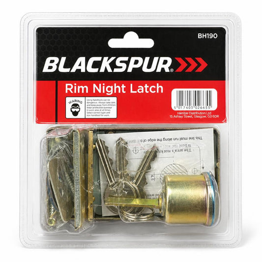 Back packaging of Blackspur Rim Night Latch BH190 with included keys