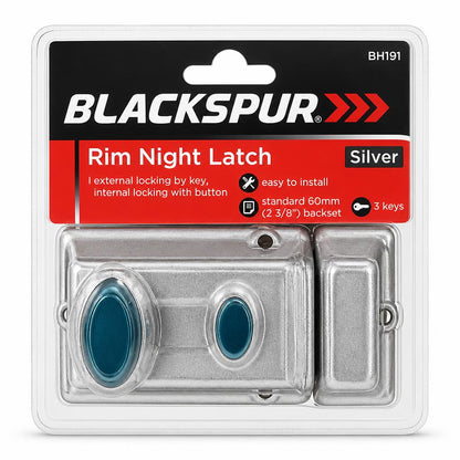 Front view of Blackspur Silver Rim Night Latch packaging