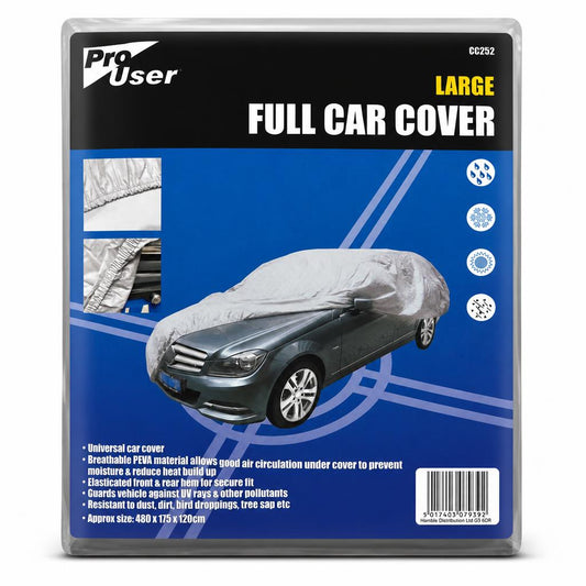 ProUser Full Car Cover packaging showing large size and features