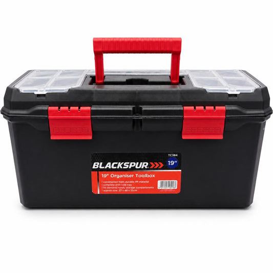 Blackspur 19” Organiser Toolbox with red handle and clear storage compartments