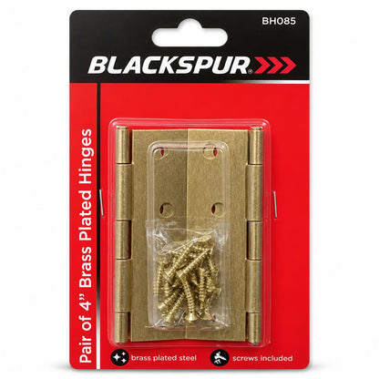 Blackspur 4 inch brass plated hinges in packaging