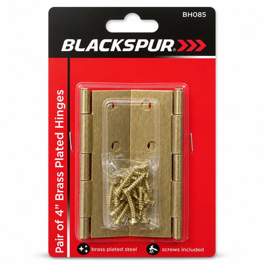 Blackspur 4 inch brass plated hinges in packaging