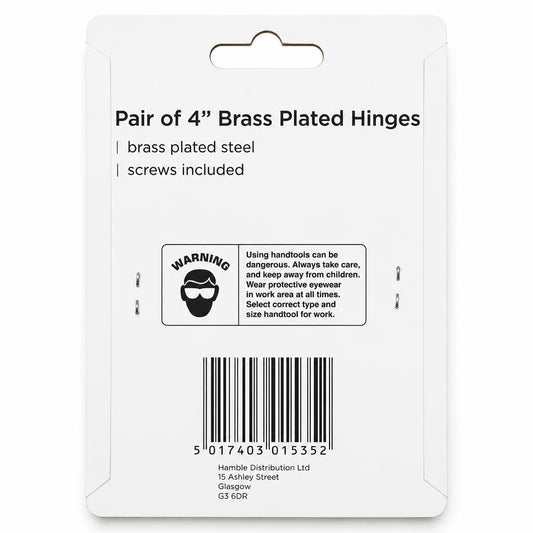 Back of Blackspur brass plated hinge packaging with safety information