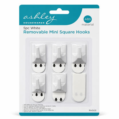 Front view of Ashley Housewares 5pc Removable Mini Square Hooks packaging
