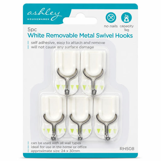 Front packaging of 5pc White Removable Metal Swivel Hooks