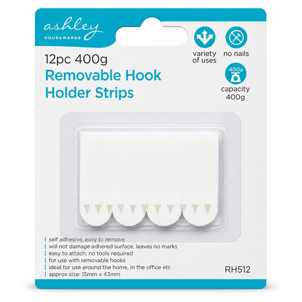 Front packaging of Ashley Housewares Removable Hook Holder Strips