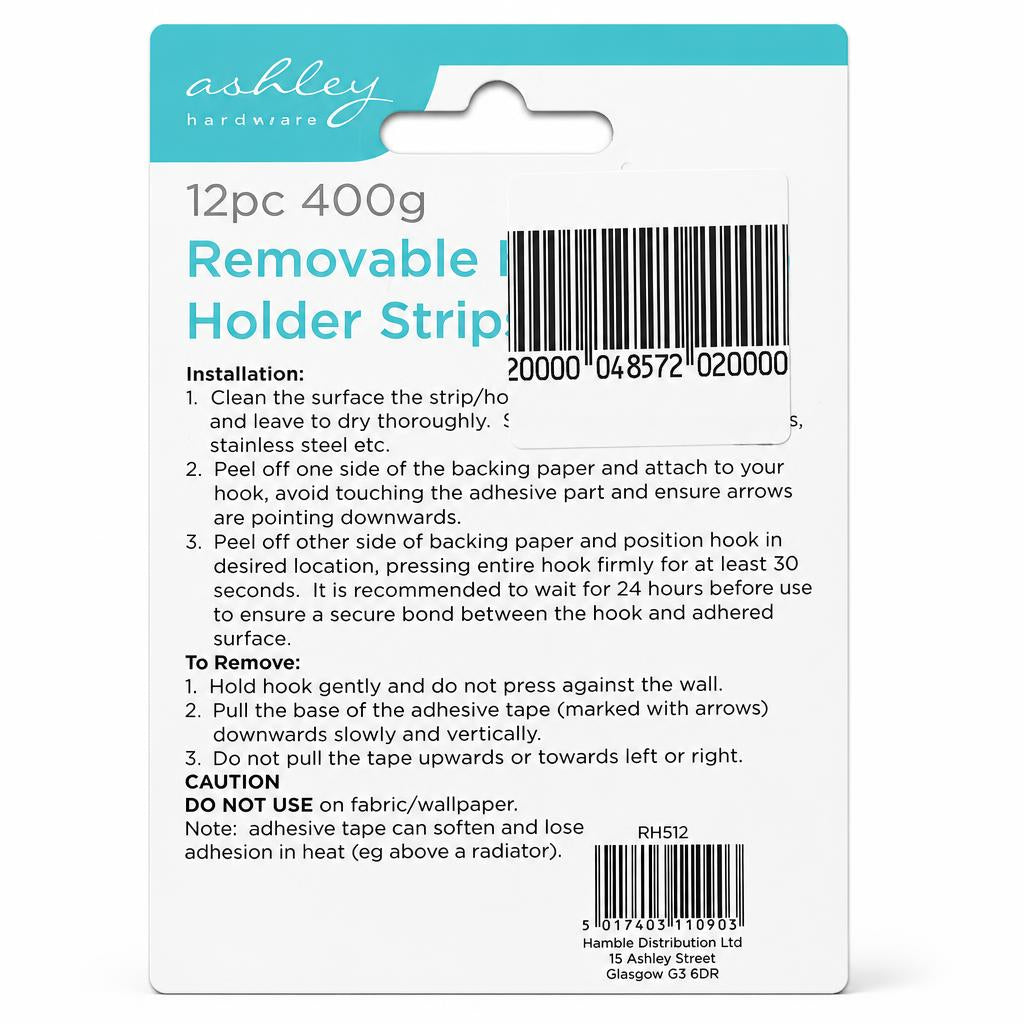 Back packaging of Ashley Housewares Removable Hook Holder Strips